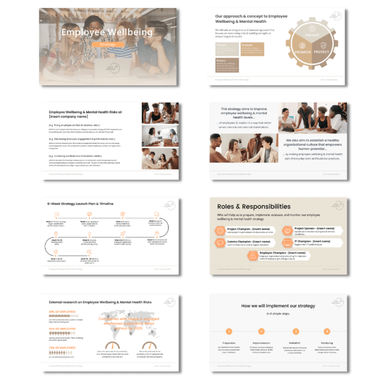 A set of brochures about employee well-being, covering topics such as preventing mental health risks, promoting employee well-being, protecting employee mental health, and establishing a healthy organizational culture.