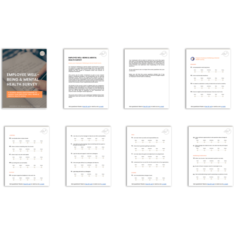 A pile of brochures about Survey Questions for employee well-being and mental health safety.