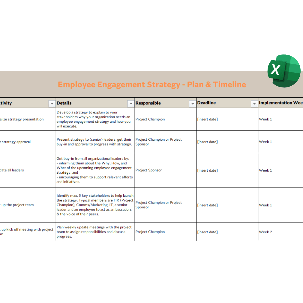 A screenshot of an employee engagement strategy plan and timeline.
