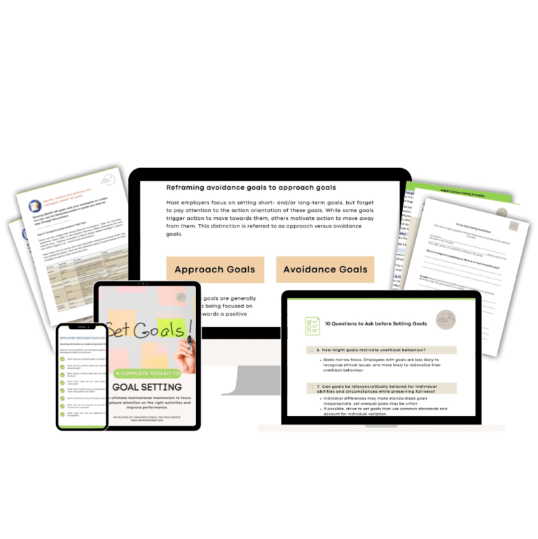 A laptop, tablet, and phone displaying papers and a website about goal setting