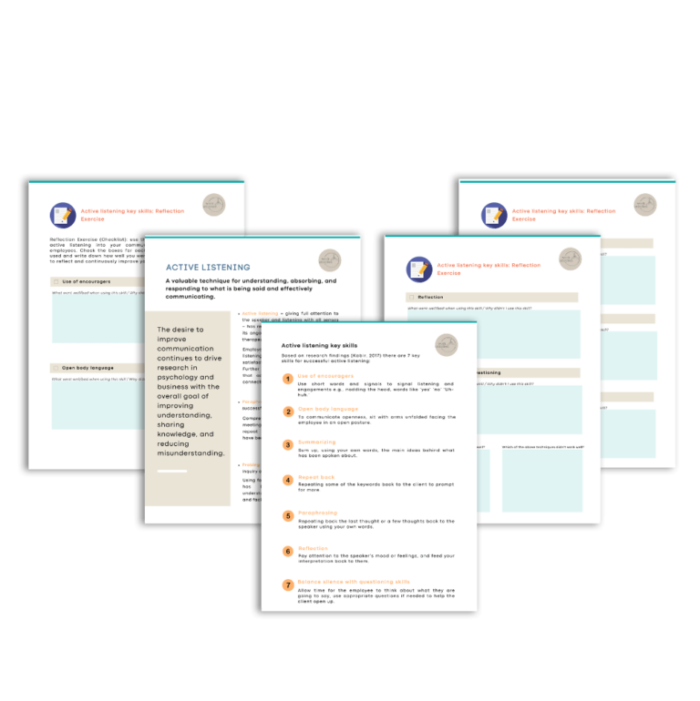 A set of five brochures about active listening, with a reflection exercise and key skills